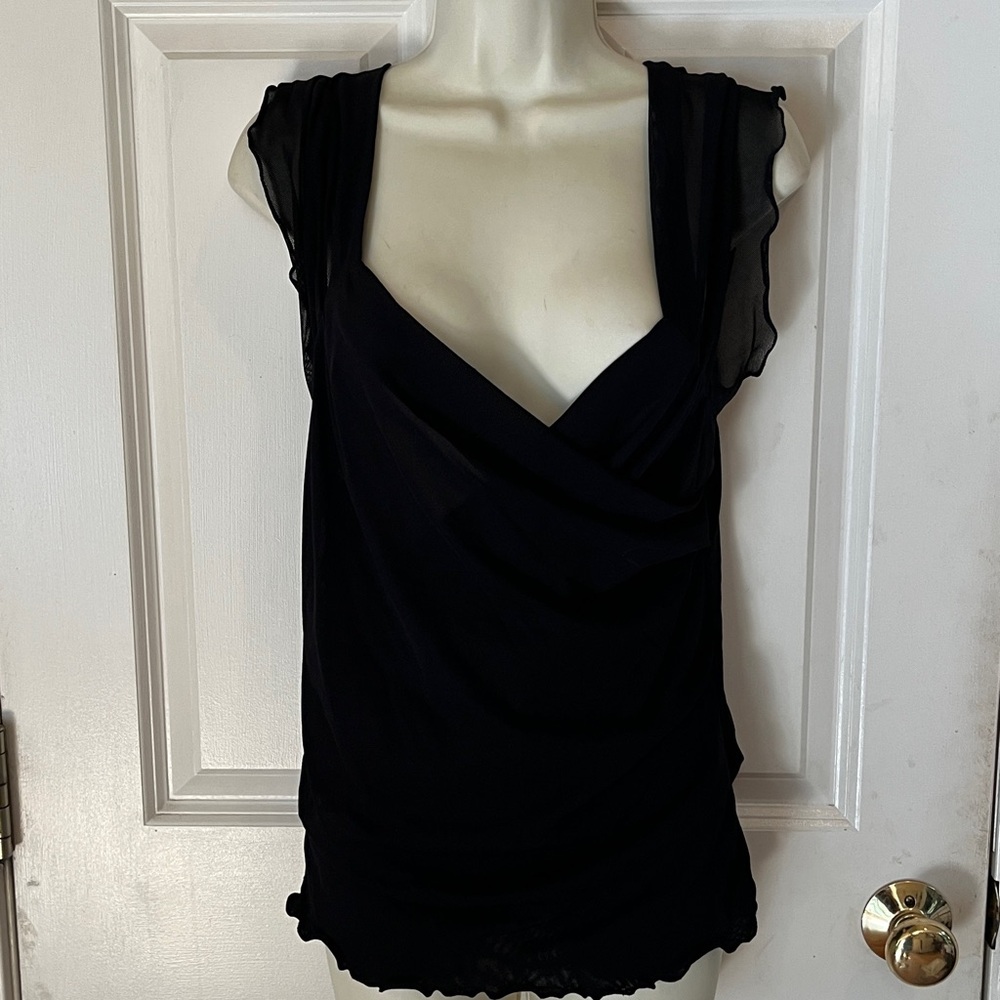 Spiegal size XL black semi sheer mesh double V-neck top on or off shoulder NWOT